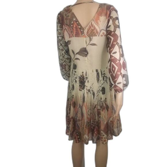 Desigual by Christian Lacroix Brown Pleated Floral Midi Long Sleeve Dress Size 8 - Picture 3 of 8